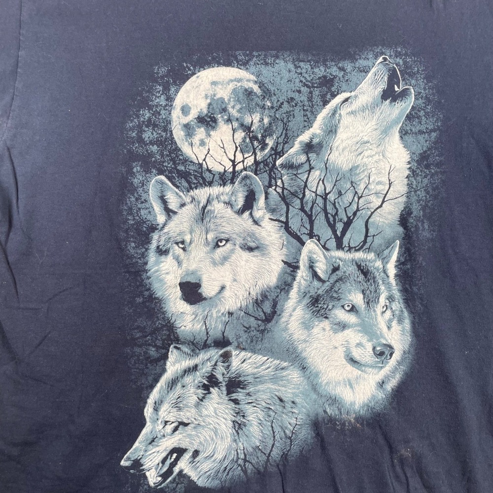 Mens Wolf‎ T-Shirt Graphic Moon Animal Print Tee Navy Blue Nature Wolves Large - Picture 5 of 6